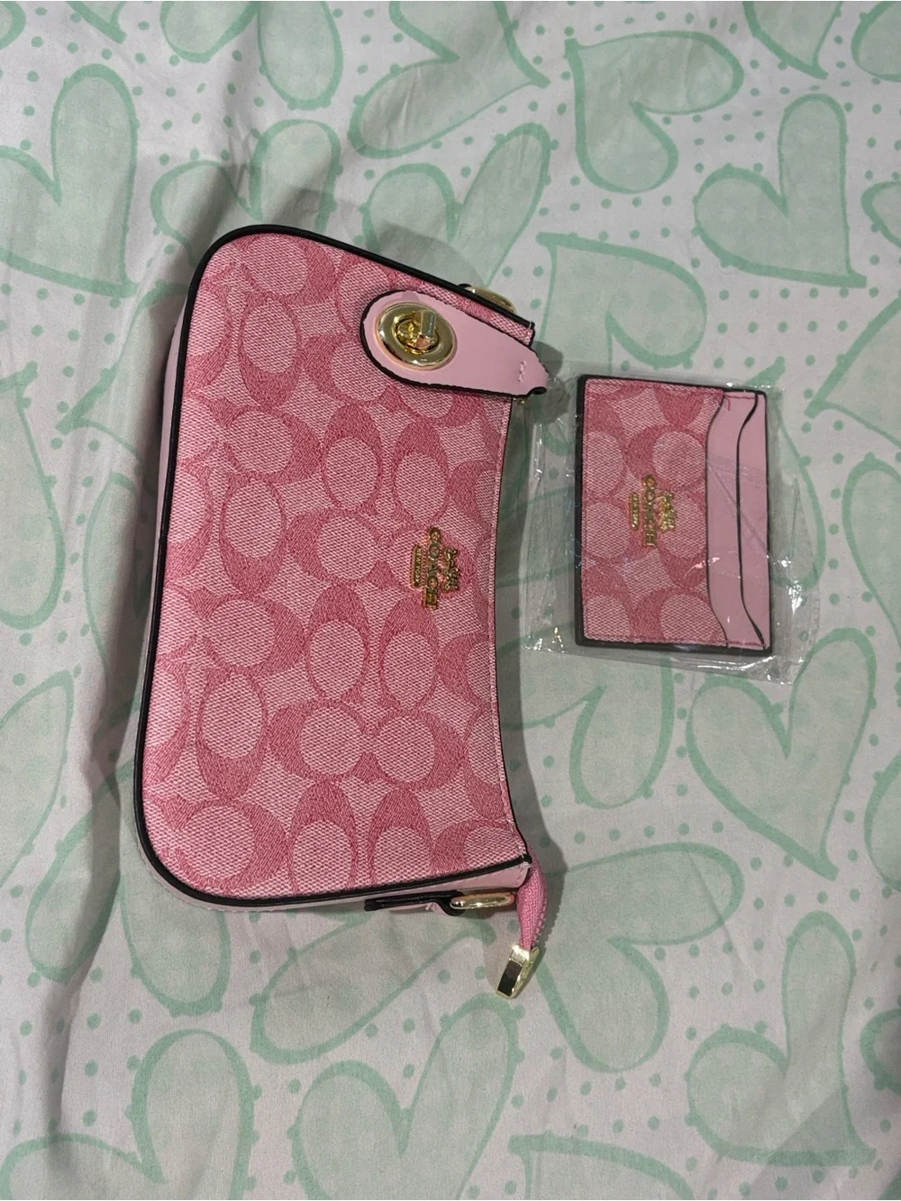 Coach Pink Signature Jacquard Wristlet with Card Case Set
